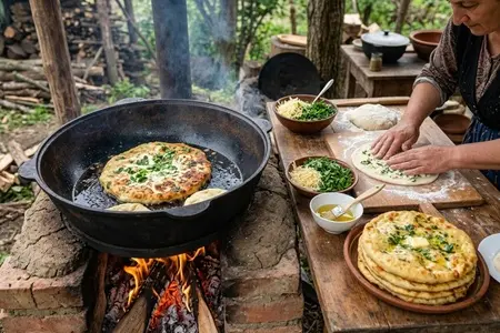 Лепёшки с сыром и зеленью в казане - ароматная и хрустящая закуска