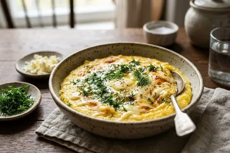 Кукурузная каша с сыром и укропом - сытный и вкусный гарнир