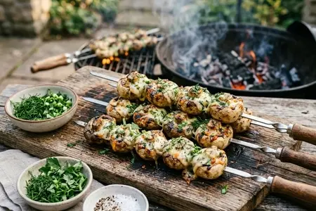 Шампиньоны на шампурах с сыром и зеленью - ароматная горячая закуска для пикника