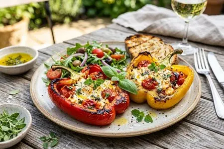 Перец-гриль, фаршированный томатами и фетой - яркая весенняя закуска