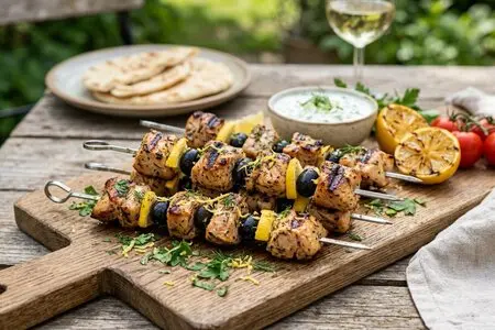 Шашлык из индейки с маслинами и лимонной цедрой - сочное и свежее блюдо