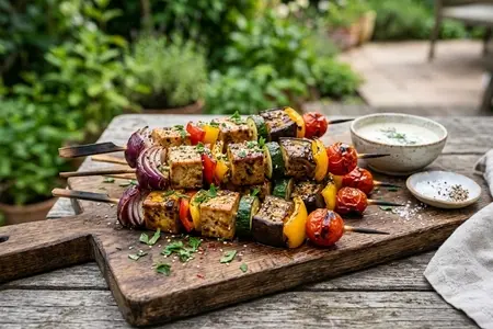 Овощной шашлык с маринованным тофу и баклажанами