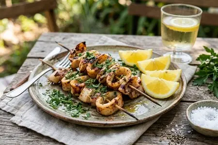 Шашлык из кальмара с лимоном и петрушкой