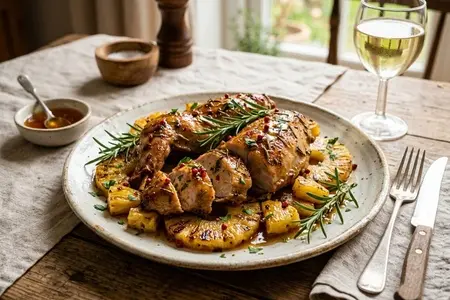 Филе кролика с ананасом, розмарином и медом