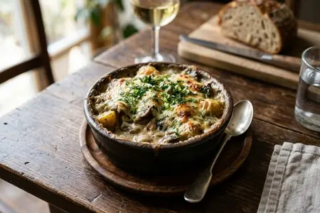 Жульен из грибов, молодой картошки и зелени - нежная весенняя закуска