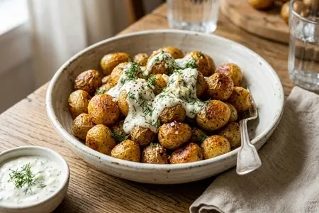 Запечённая мини-картошка с чесночным соусом и укропом - аппетитная весенняя закуска