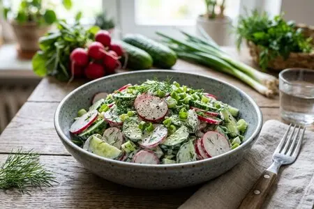 Салат из редиски, огурца и зелёного лука с йогуртовой заправкой - весенний хит