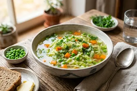 Лёгкий суп с молодой капустой, морковью и зелёным горошком - весеннее обновление