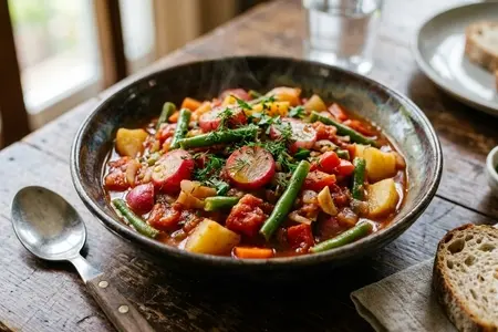 Овощное рагу с редисом, стручковой фасолью и томатом - витаминный летний обед