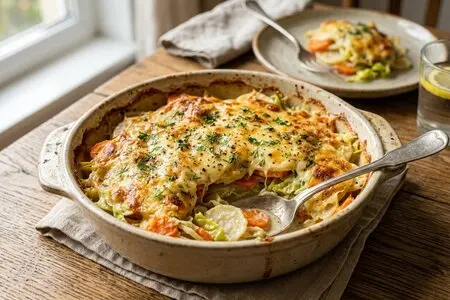 Гратен из пастернака, моркови и молодой капусты