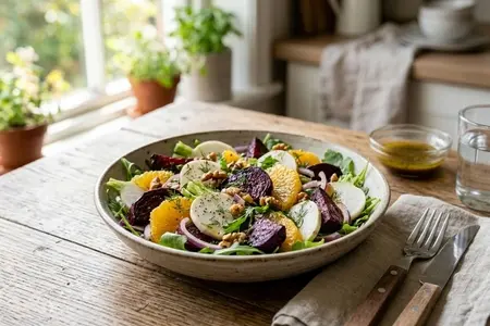 Салат с молодой репой, апельсином и печёной свеклой: свежий вкус и польза в каждой порции