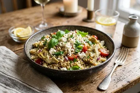 Тёплый булгур с артишоками, фетой и базиликом