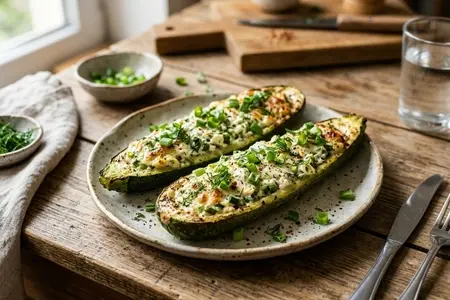 Кабачковые лодочки со свежим сыром и зелёным луком