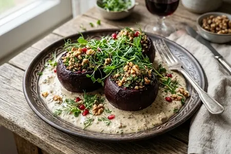 Фаршированная свёкла с ореховым соусом и микрозеленью