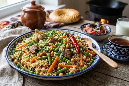 Плов с молодым горошком, морковью и зелёной фасолью