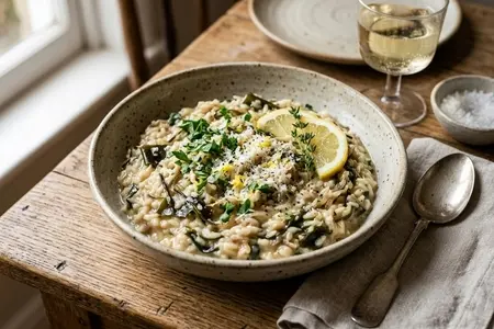 Ризотто с морской капустой, луком-шалотом и лимоном