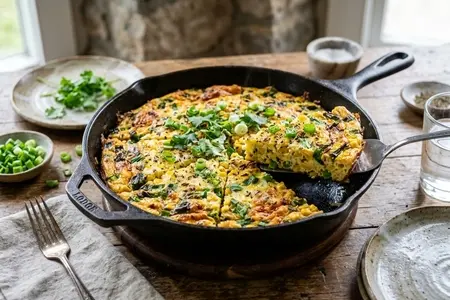Фриттата с зелёным луком, кукурузой и тмином