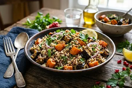 Плов из киноа с печёной морковью и баклажаном