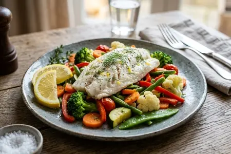 Рыба на пару с овощным миксом и лимоном