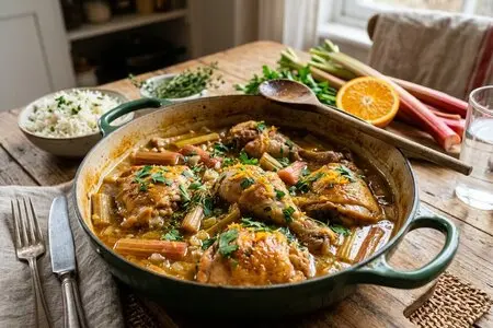 Курица, тушённая с ревенём и апельсиновым соком