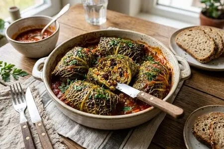 Голубцы из савойской капусты с киноа и изюмом