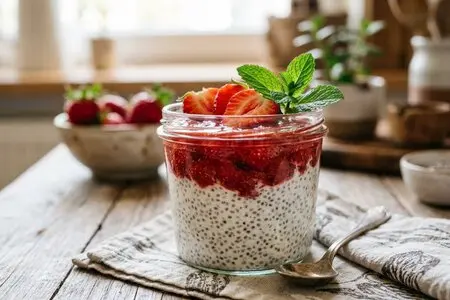 Пудинг из чиа с клубничным соусом и мятой