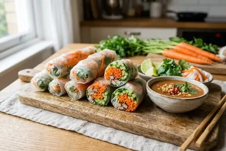 Хрустящие рулетики из рисовой бумаги с морковью, огурцом, сыром фета и зелёной заправкой