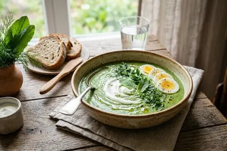 Суп-пюре из щавеля, шпината и картофеля на курином бульоне