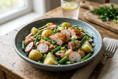 Салат с копчёной курицей, картофелем, зелёной фасолью и редиской