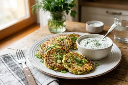 Оладьи из кабачков с зелёным луком и соусом из сметаны с укропом