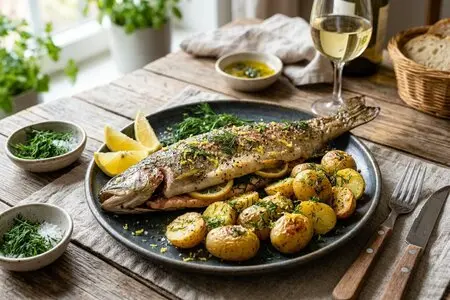 Печёная форель с лимонной цедрой, свежим укропом и молодым картофелем