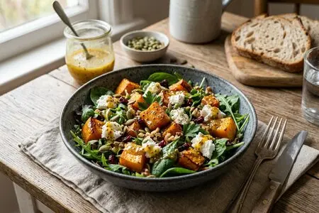 Тёплый салат с запечённой тыквой, козьим сыром и медово-горчичной заправкой