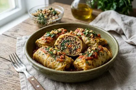 Голубцы из пекинской капусты с киноа, шпинатом и орехами