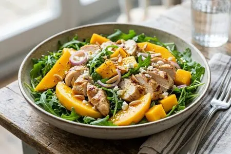 Тёплый салат из курицы, манго и рукколы