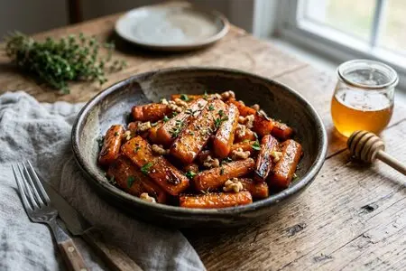 Печёная морковь с мёдом, козьим сыром и тыквенными семечками