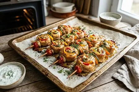 Курино-овощные рулетики на шпажках, запечённые в духовке
