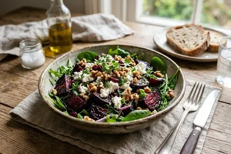 Салат с печёной свёклой, яблоками, фетой и грецким орехом под мёдово-горчичной заправкой