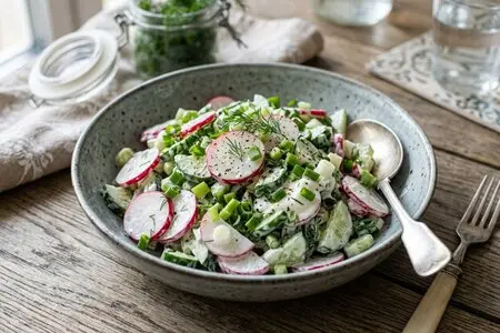 Салат из редиса, огурца и зелёного лука со сметаной