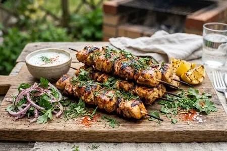 Шашлык из курицы в кефире с паприкой и зеленью