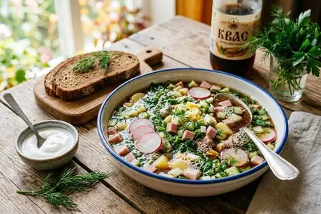 Окрошка на квасе с докторской колбасой и редисом