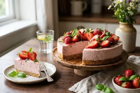 Чизкейк без выпечки с клубникой и базиликом