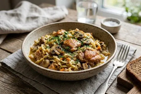 Тушёная молодая капуста с курицей и грибами