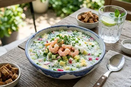 Окрошка на минеральной воде с креветками