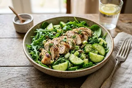 Салат с курицей, огурцами и молодой зеленью