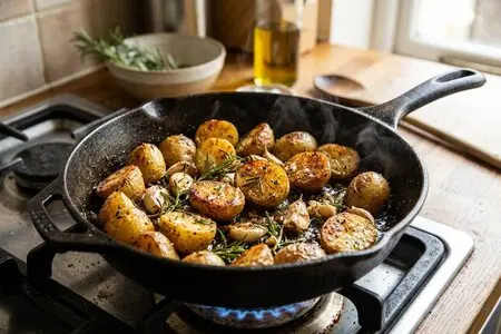 Молодая картошка с чесноком и розмарином на сковороде