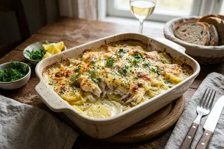 Запеканка из молодой рыбы с картофелем и сливками