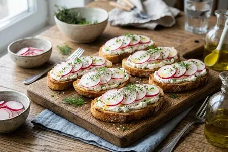 Брускетты с творожным сыром и редисом: быстрая закуска для пикника