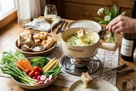 Лёгкое сырное фондю с черемшой и молодыми овощами: рецепт для пикника