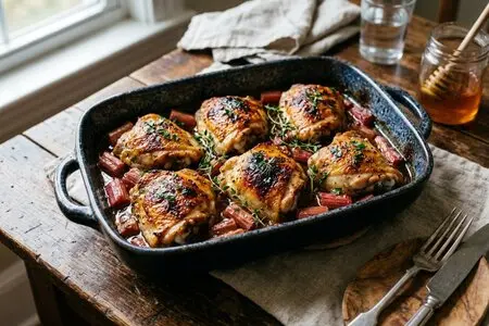 Куриные бедрышки с ревенём и мёдом: кисло-сладкий рецепт в духовке