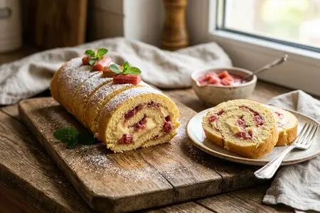 Рулет с ревенём и заварным кремом: нежная бисквитная выпечка с весенней кислинкой